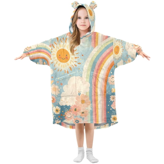 FORMRS Wearable Blanket Hoodie with Sleeves for Kids Cozy Flannel Sweatshirt, Beige Rainbow Clouds