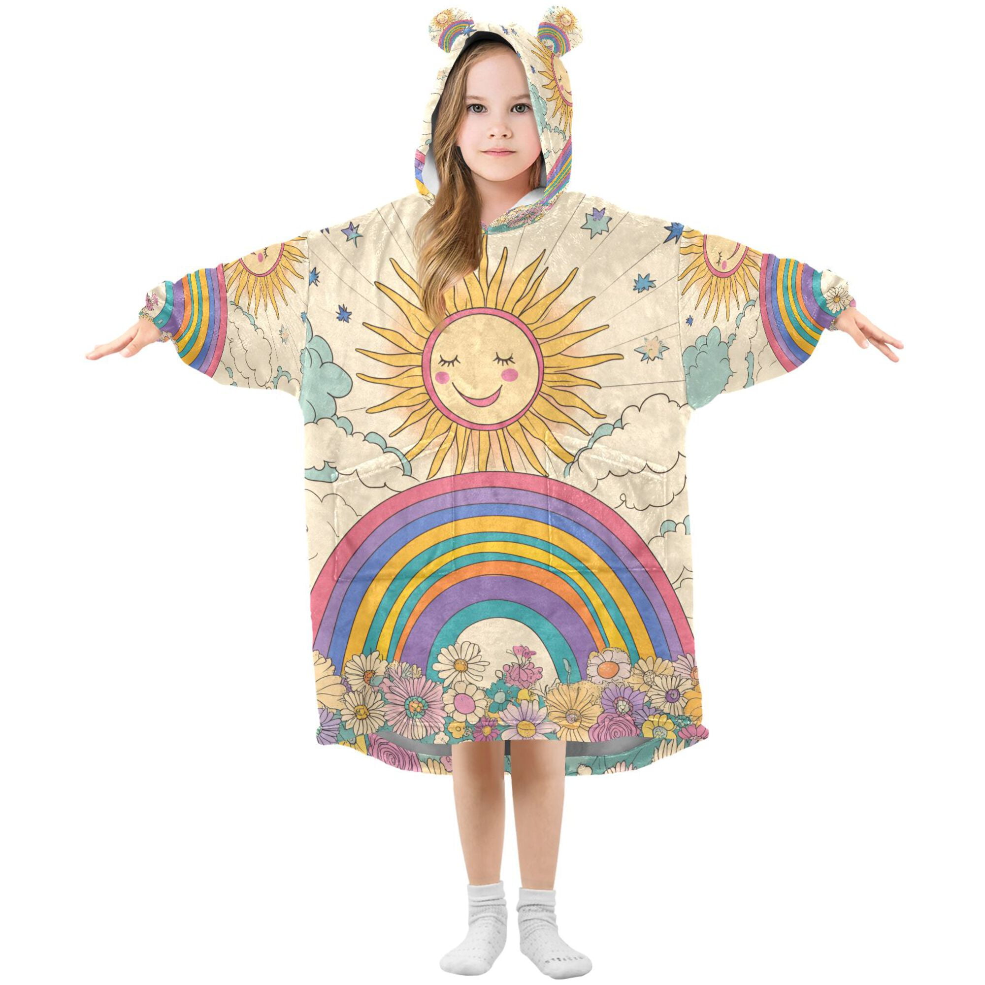 FORMRS Wearable Blanket Hoodie with Sleeves for Kids Cozy Flannel Sweatshirt, Beige Rainbow