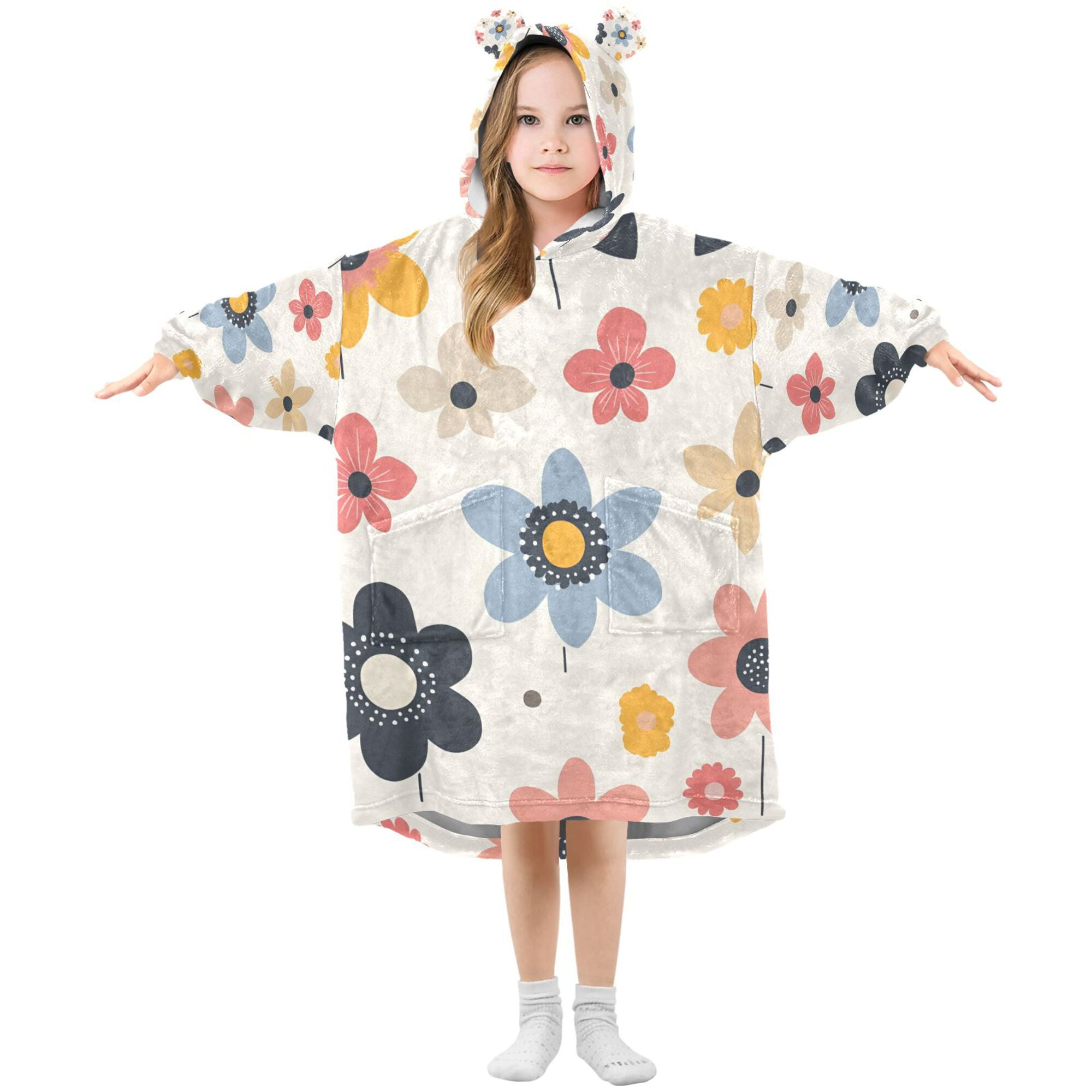 FORMRS Wearable Blanket Hoodie with Sleeves for Kids Cozy Flannel Sweatshirt, Beige Retro Flower