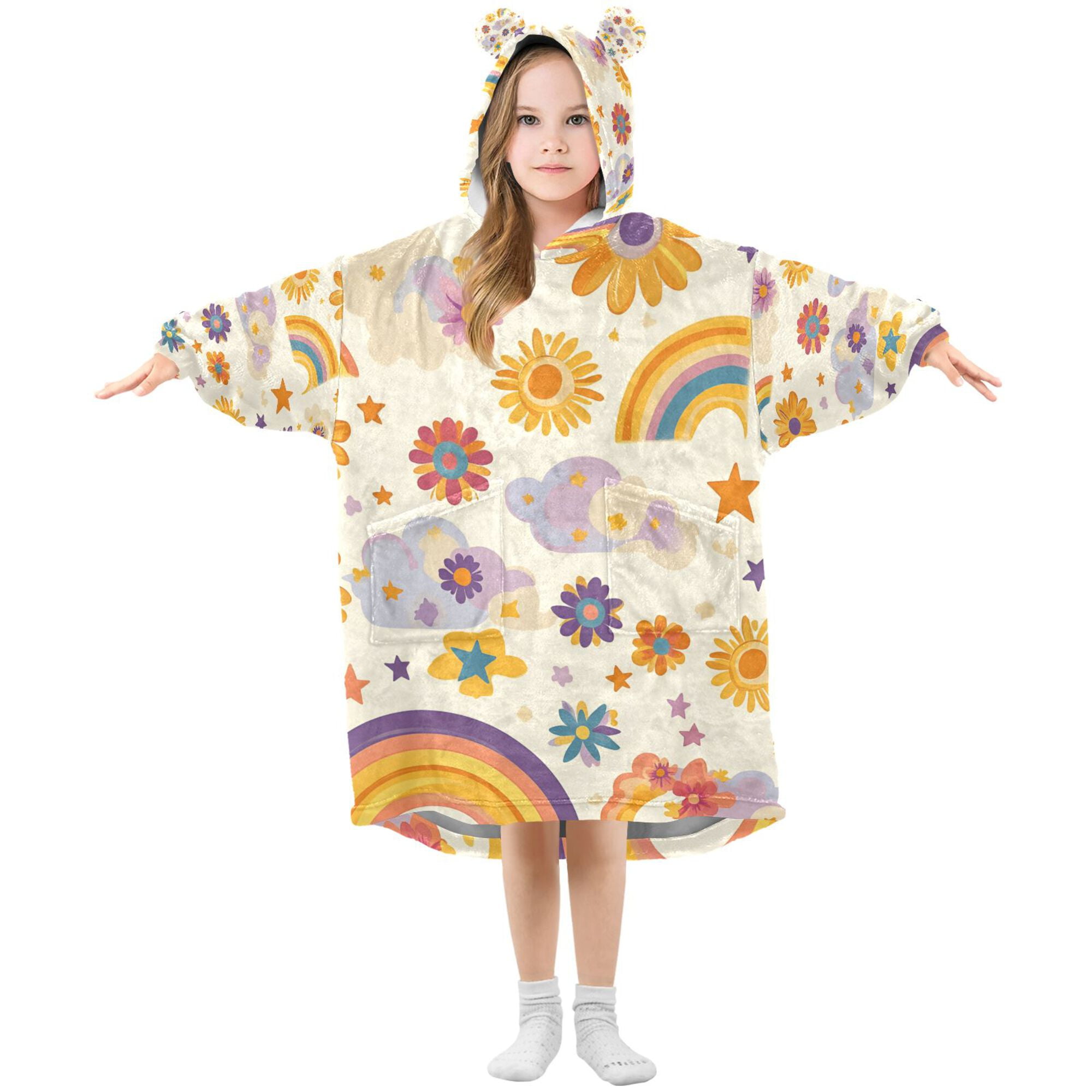 FORMRS Wearable Blanket Hoodie with Sleeves for Kids Cozy Flannel Sweatshirt, Beige Retro Rainbow