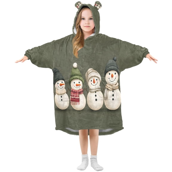 FORMRS Wearable Blanket Hoodie with Sleeves for Kids Cozy Flannel Sweatshirt, Beige Snowmen