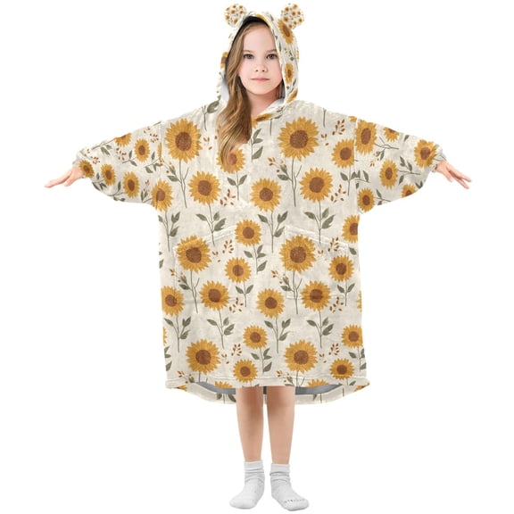 FORMRS Wearable Blanket Hoodie with Sleeves for Kids Cozy Flannel Sweatshirt, Beige Sunflower Pattern