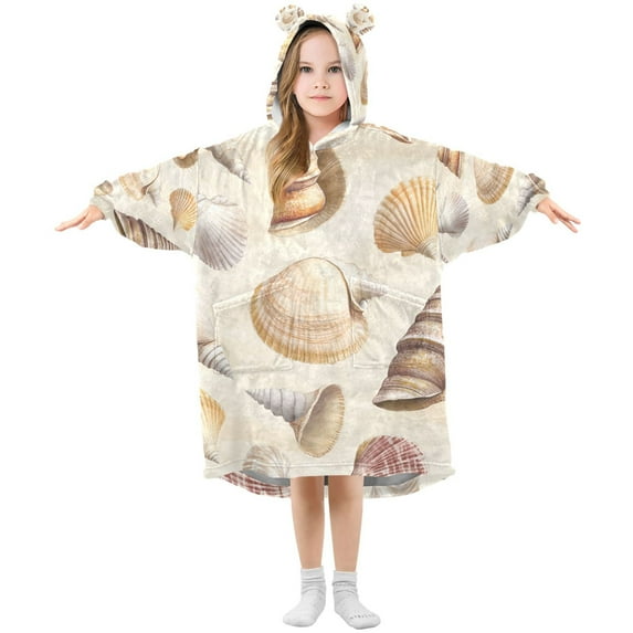 FORMRS Wearable Blanket Hoodie with Sleeves for Kids Cozy Flannel Sweatshirt, Beige Watercolor Seashells