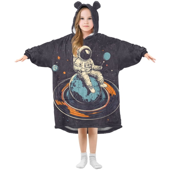 FORMRS Wearable Blanket Hoodie with Sleeves for Kids Cozy Flannel Sweatshirt, Black Astronaut Record