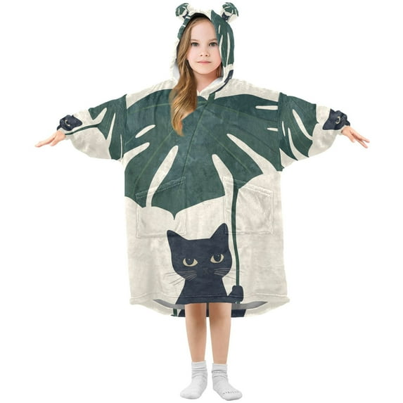 FORMRS Wearable Blanket Hoodie with Sleeves for Kids Cozy Flannel Sweatshirt, Black Cat Plants