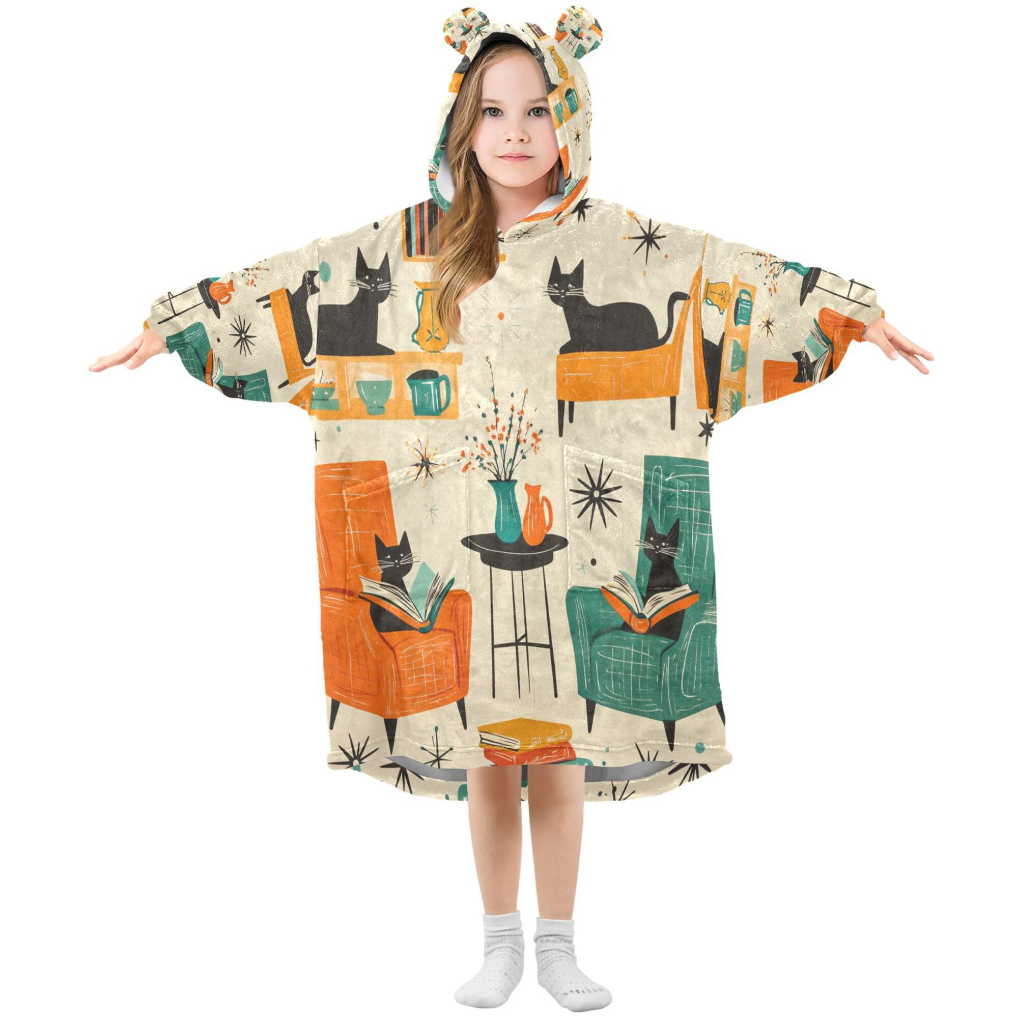 FORMRS Wearable Blanket Hoodie with Sleeves for Kids Cozy Flannel Sweatshirt, Black Cats Reading