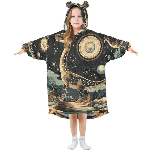 FORMRS Wearable Blanket Hoodie with Sleeves for Kids Cozy Flannel Sweatshirt, Black Dinosaur