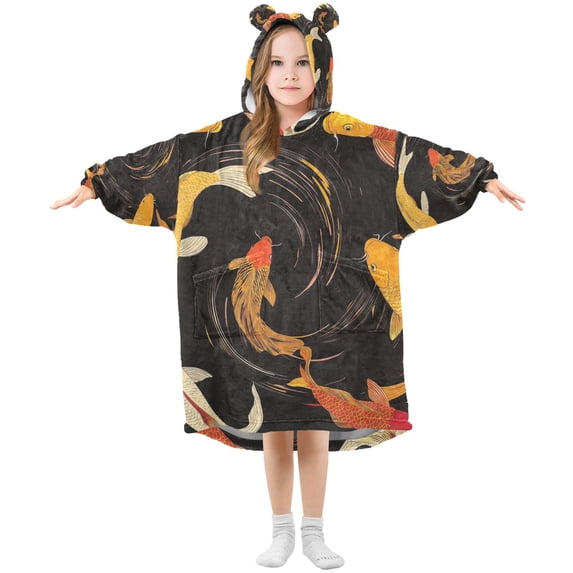 FORMRS Wearable Blanket Hoodie with Sleeves for Kids Cozy Flannel Sweatshirt, Black Fish Pattern