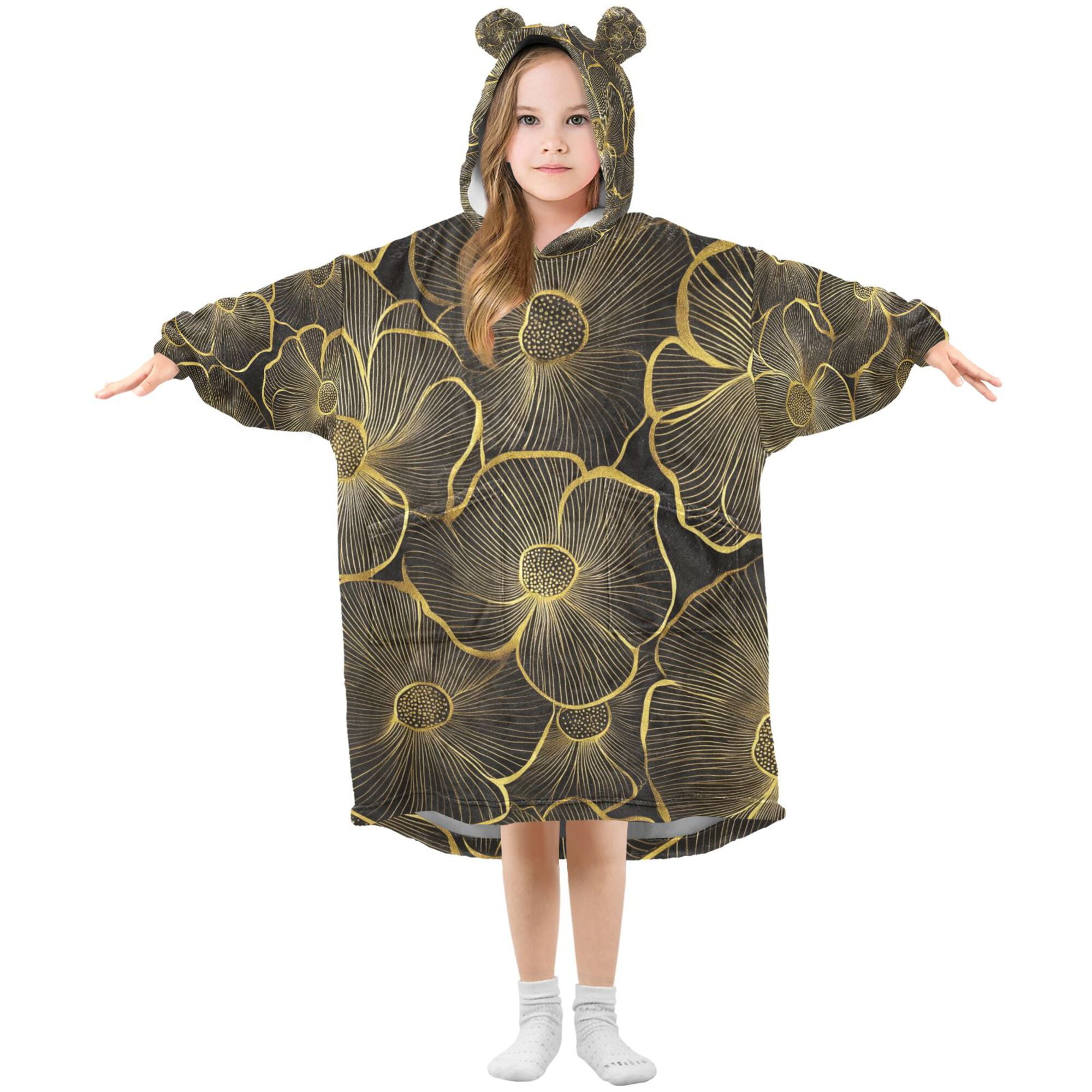 FORMRS Wearable Blanket Hoodie with Sleeves for Kids Cozy Flannel Sweatshirt, Black Flower Pattern