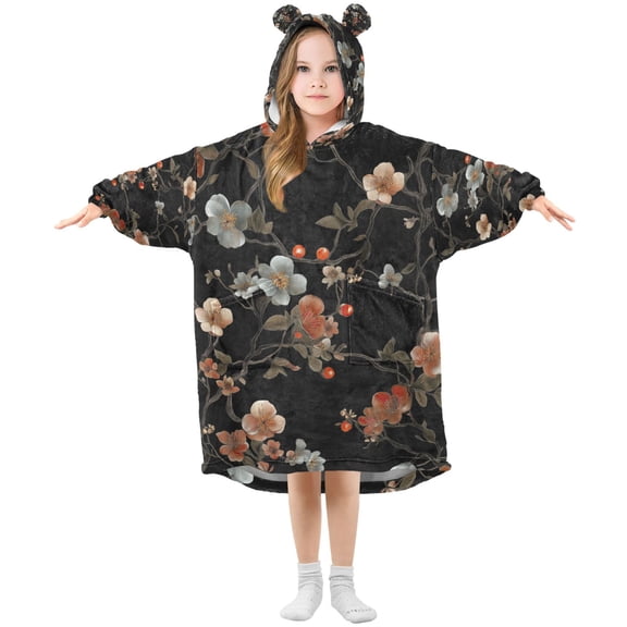 FORMRS Wearable Blanket Hoodie with Sleeves for Kids Cozy Flannel Sweatshirt, Black Flowers