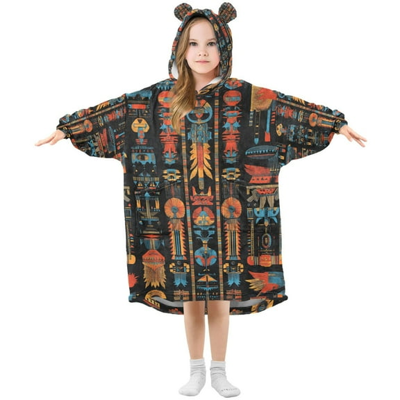 FORMRS Wearable Blanket Hoodie with Sleeves for Kids Cozy Flannel Sweatshirt, Black Geometric