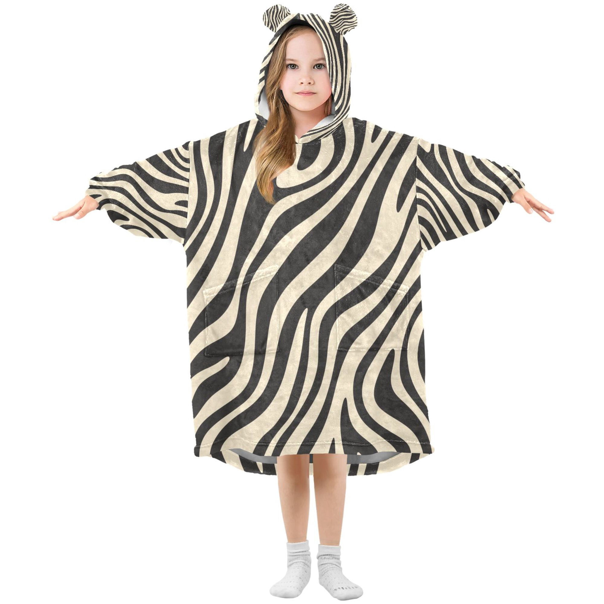 FORMRS Wearable Blanket Hoodie with Sleeves for Kids Cozy Flannel Sweatshirt, Black Lines