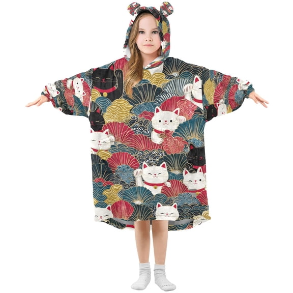 FORMRS Wearable Blanket Hoodie with Sleeves for Kids Cozy Flannel Sweatshirt, Black Lucky Cat
