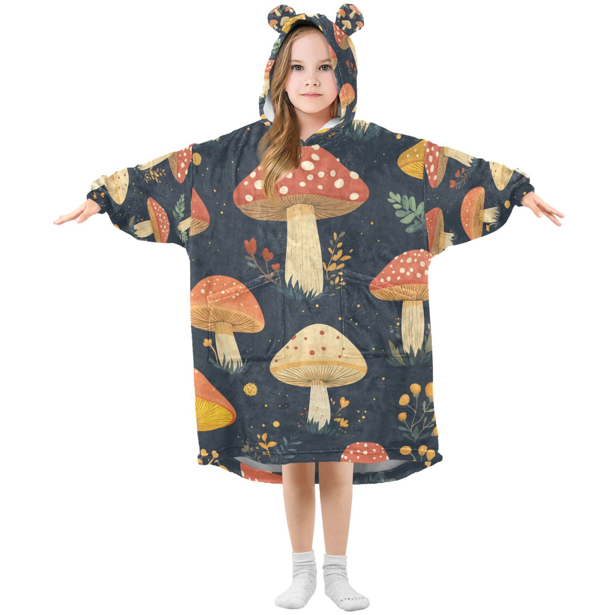 FORMRS Wearable Blanket Hoodie with Sleeves for Kids Cozy Flannel Sweatshirt, Black Mushroom Pattern