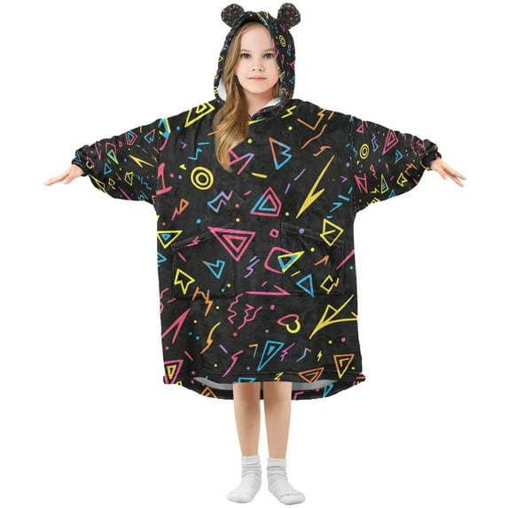 FORMRS Wearable Blanket Hoodie with Sleeves for Kids Cozy Flannel Sweatshirt, Black Neon Lightning
