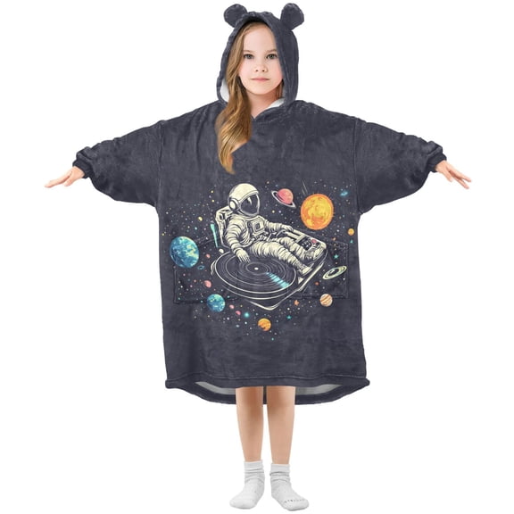 FORMRS Wearable Blanket Hoodie with Sleeves for Kids Cozy Flannel Sweatshirt, Black Record