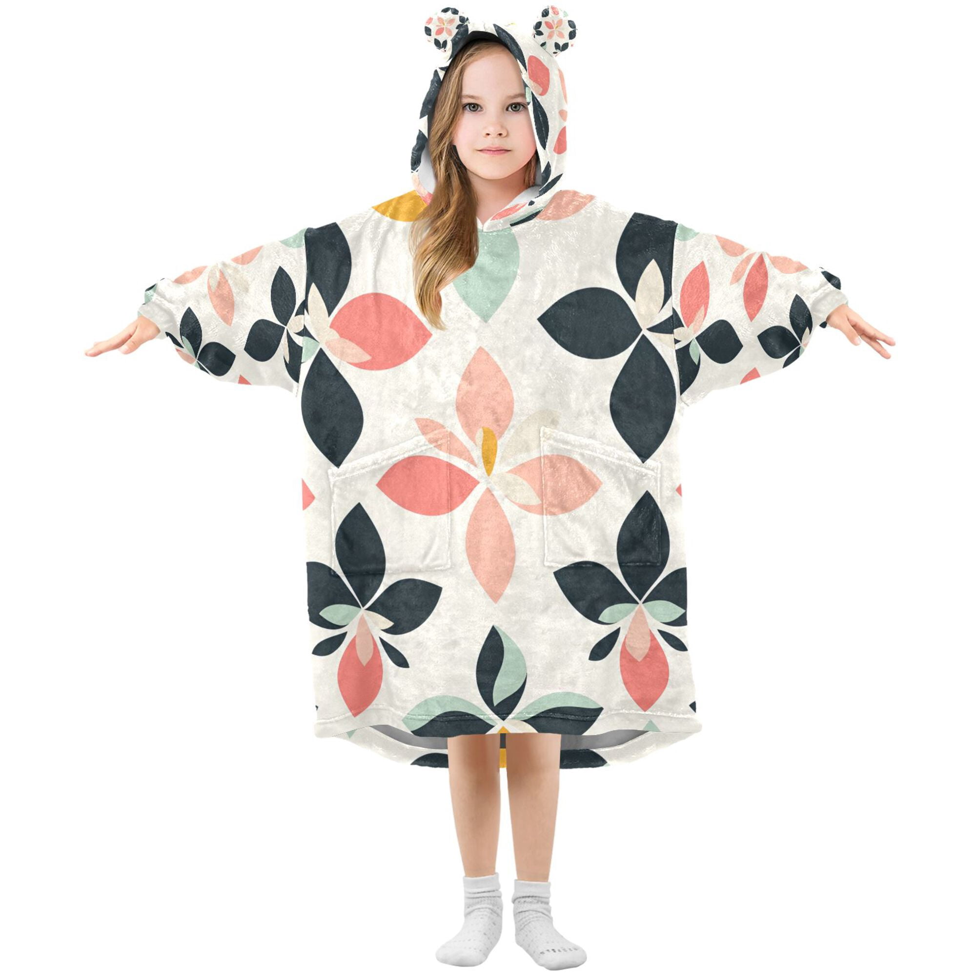 FORMRS Wearable Blanket Hoodie with Sleeves for Kids Cozy Flannel Sweatshirt, Black Retro Flower