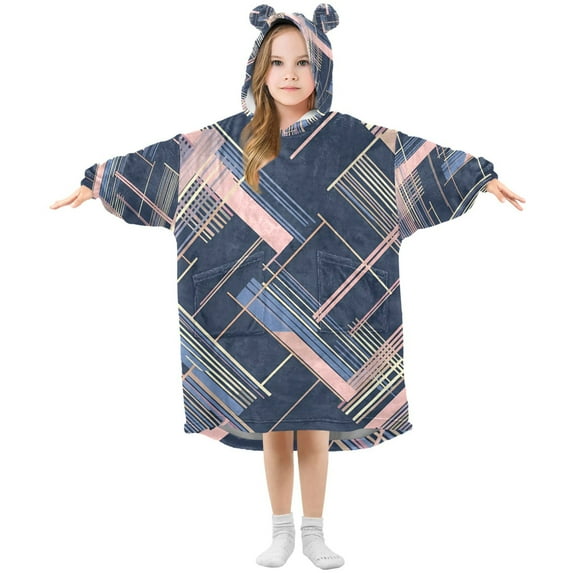 FORMRS Wearable Blanket Hoodie with Sleeves for Kids Cozy Flannel Sweatshirt, Black Stripes
