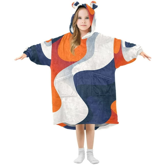 FORMRS Wearable Blanket Hoodie with Sleeves for Kids Cozy Flannel Sweatshirt, Blue Abstract Wavy