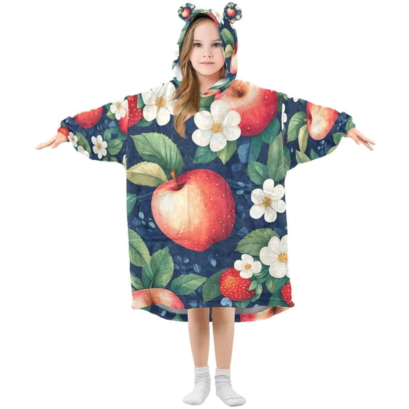 FORMRS Wearable Blanket Hoodie with Sleeves for Kids Cozy Flannel Sweatshirt, Blue Apple Pattern