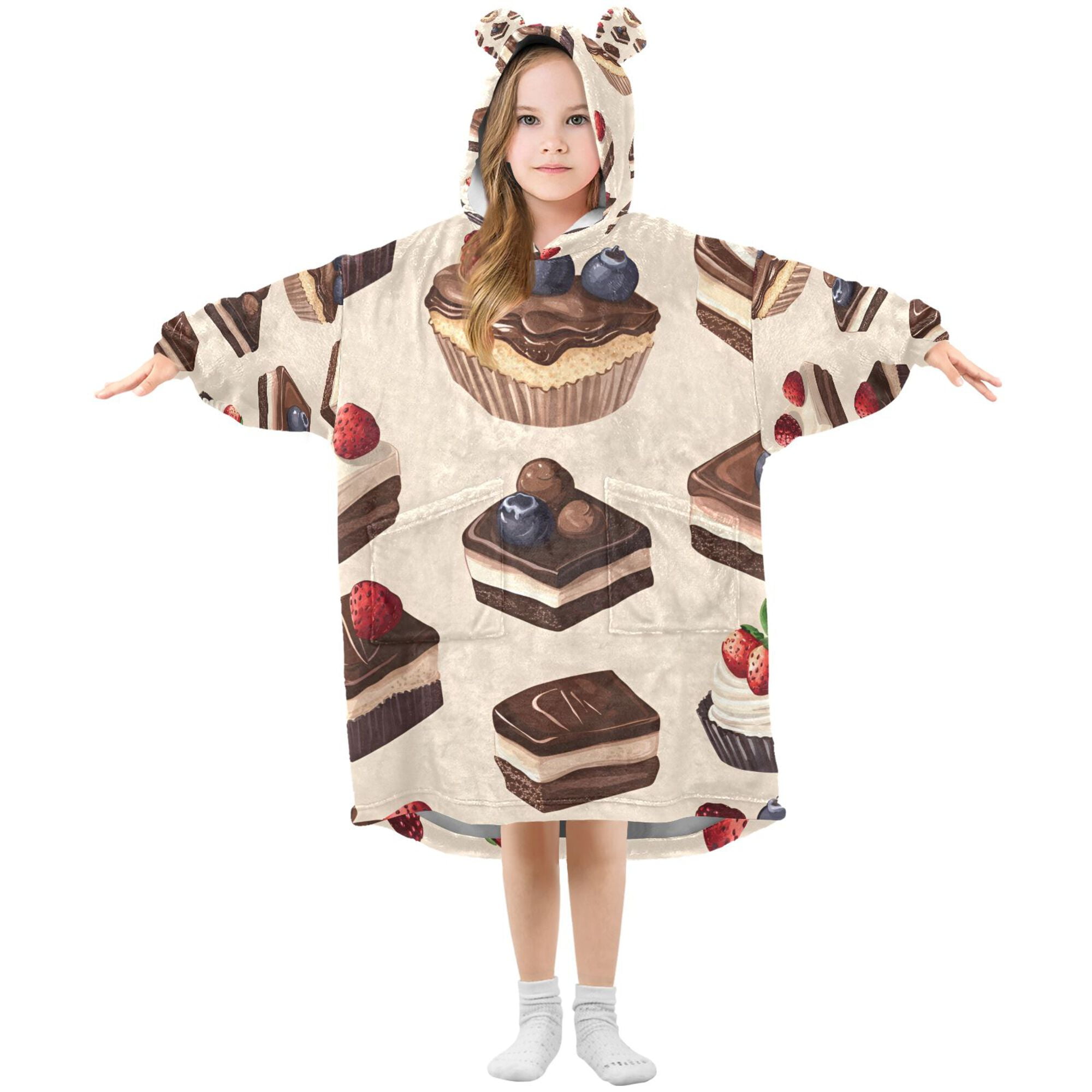 FORMRS Wearable Blanket Hoodie with Sleeves for Kids Cozy Flannel Sweatshirt, Blue Cakes