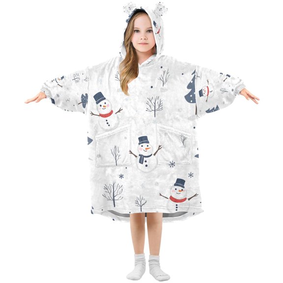 FORMRS Wearable Blanket Hoodie with Sleeves for Kids Cozy Flannel Sweatshirt, Blue Cartoon Snowmen