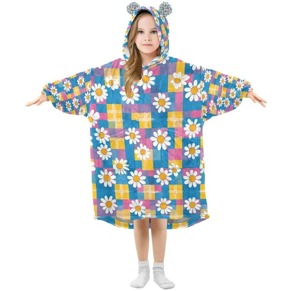 FORMRS Wearable Blanket Hoodie with Sleeves for Kids Cozy Flannel Sweatshirt, Blue Checkered Daisy