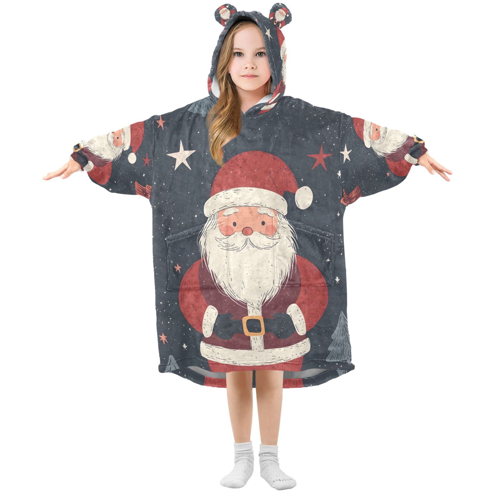 FORMRS Wearable Blanket Hoodie with Sleeves for Kids Cozy Flannel Sweatshirt, Blue Christmas Santa