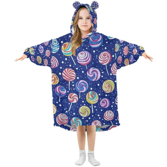 FORMRS Wearable Blanket Hoodie with Sleeves for Kids Cozy Flannel Sweatshirt, Blue Colorful Candies