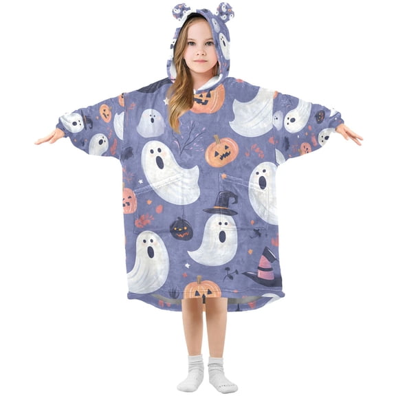 FORMRS Wearable Blanket Hoodie with Sleeves for Kids Cozy Flannel Sweatshirt, Blue Cute Halloween