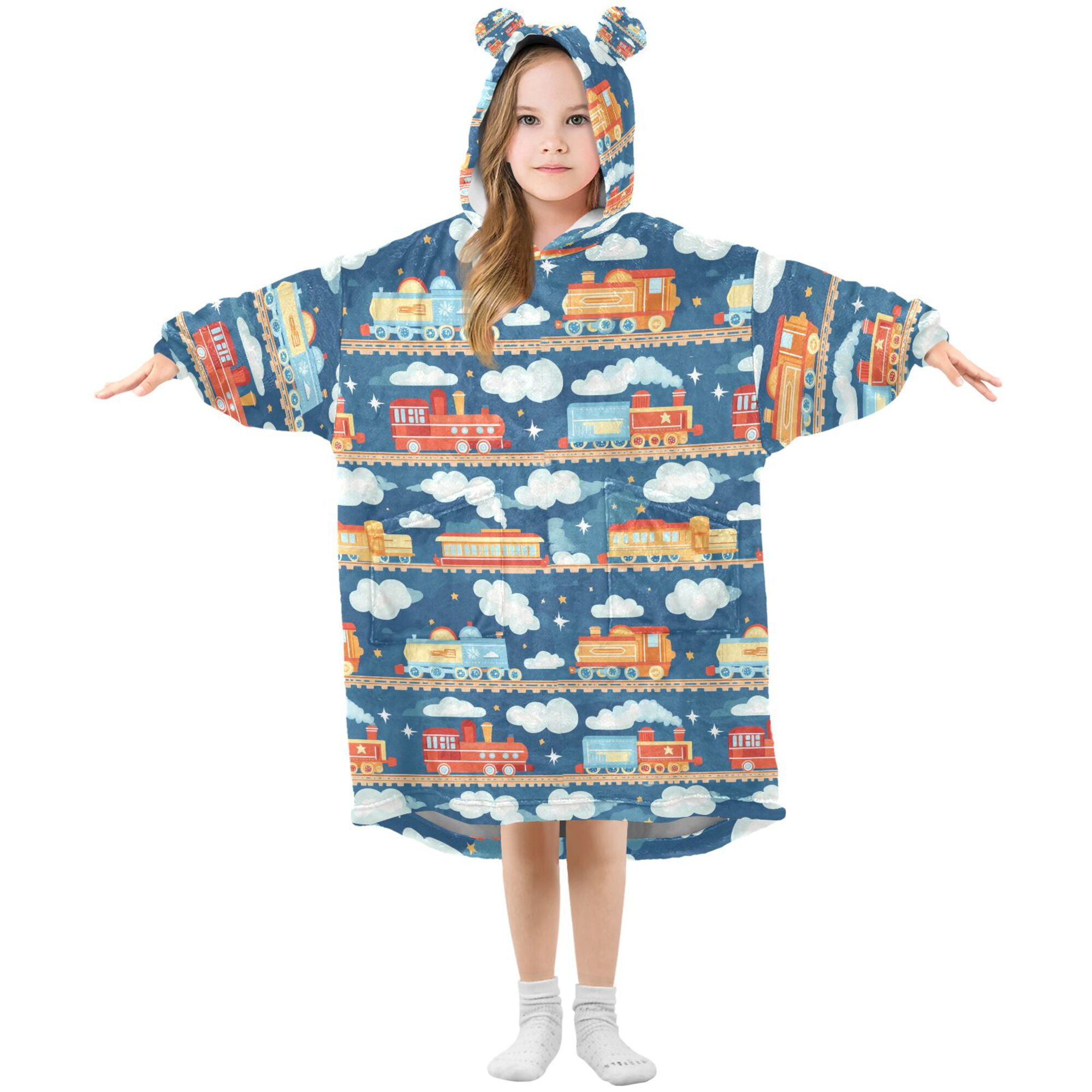 FORMRS Wearable Blanket Hoodie with Sleeves for Kids Cozy Flannel Sweatshirt, Blue Cute Train Pattern