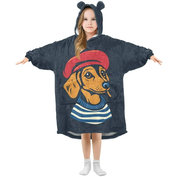 FORMRS Wearable Blanket Hoodie with Sleeves for Kids Cozy Flannel Sweatshirt, Blue Dog Artist
