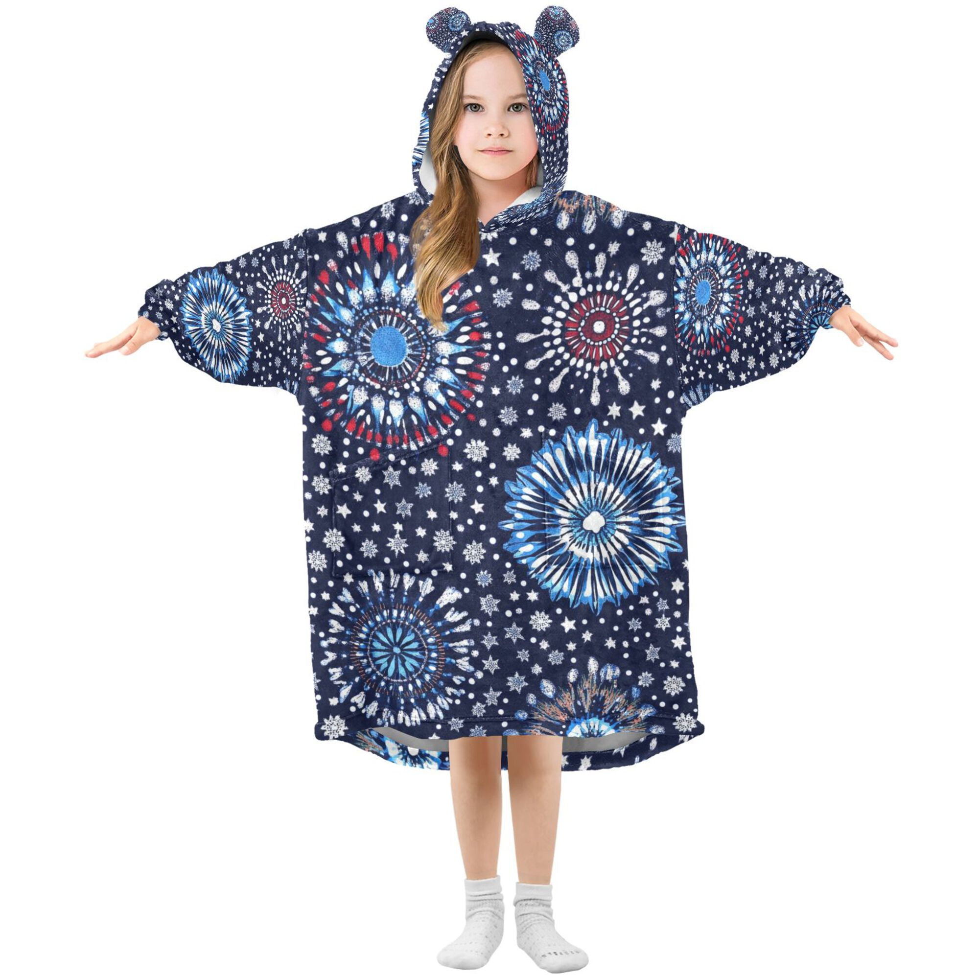 FORMRS Wearable Blanket Hoodie with Sleeves for Kids Cozy Flannel Sweatshirt, Blue Fireworks Pattern