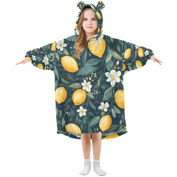 FORMRS Wearable Blanket Hoodie with Sleeves for Kids Cozy Flannel Sweatshirt, Blue Floral Lemons