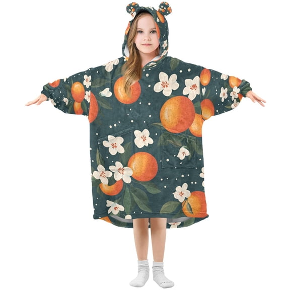 FORMRS Wearable Blanket Hoodie with Sleeves for Kids Cozy Flannel Sweatshirt, Blue Floral Oranges