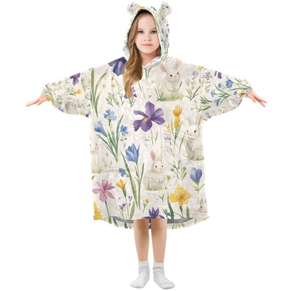 FORMRS Wearable Blanket Hoodie with Sleeves for Kids Cozy Flannel Sweatshirt, Blue Floral Rabbit