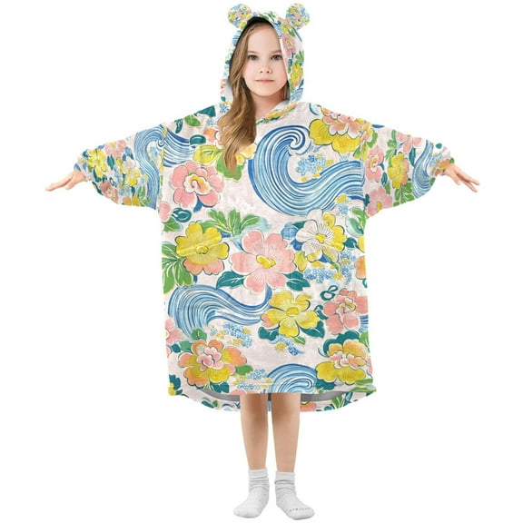 FORMRS Wearable Blanket Hoodie with Sleeves for Kids Cozy Flannel Sweatshirt, Blue Floral Wave