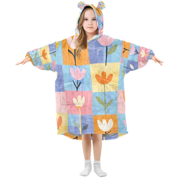 FORMRS Wearable Blanket Hoodie with Sleeves for Kids Cozy Flannel Sweatshirt, Blue Flowers