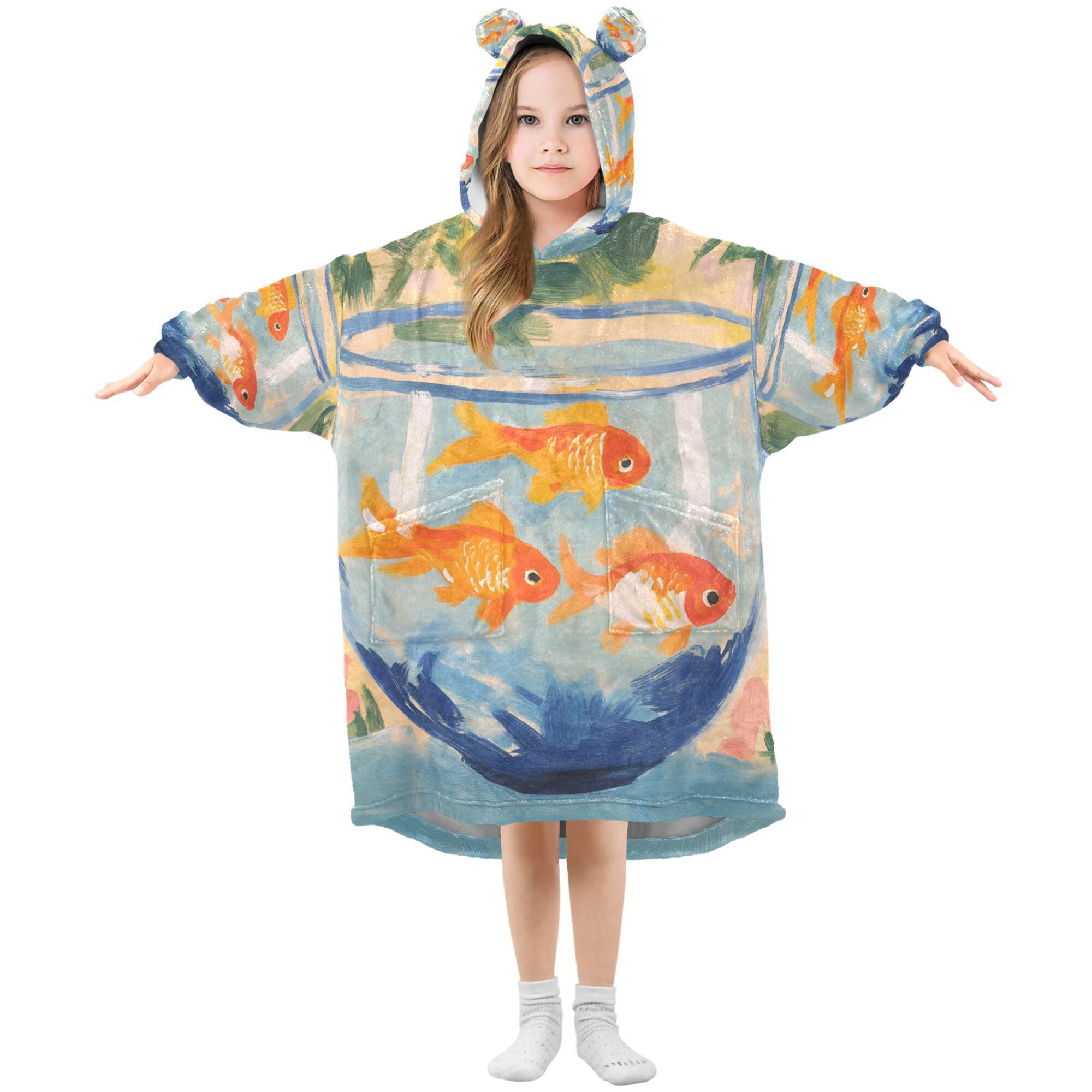 FORMRS Wearable Blanket Hoodie with Sleeves for Kids Cozy Flannel Sweatshirt, Blue Goldfish Bowl