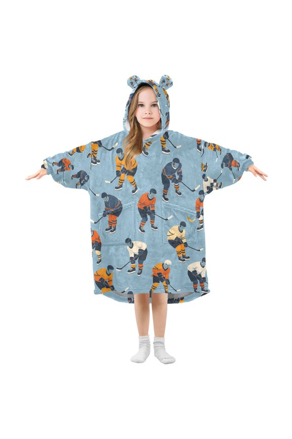 Wearable Blanket Hoodie with Sleeves for Kids Cozy Flannel Sweatshirt, Blue Hockey Pattern