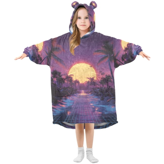 FORMRS Wearable Blanket Hoodie with Sleeves for Kids Cozy Flannel Sweatshirt, Blue Neon Road