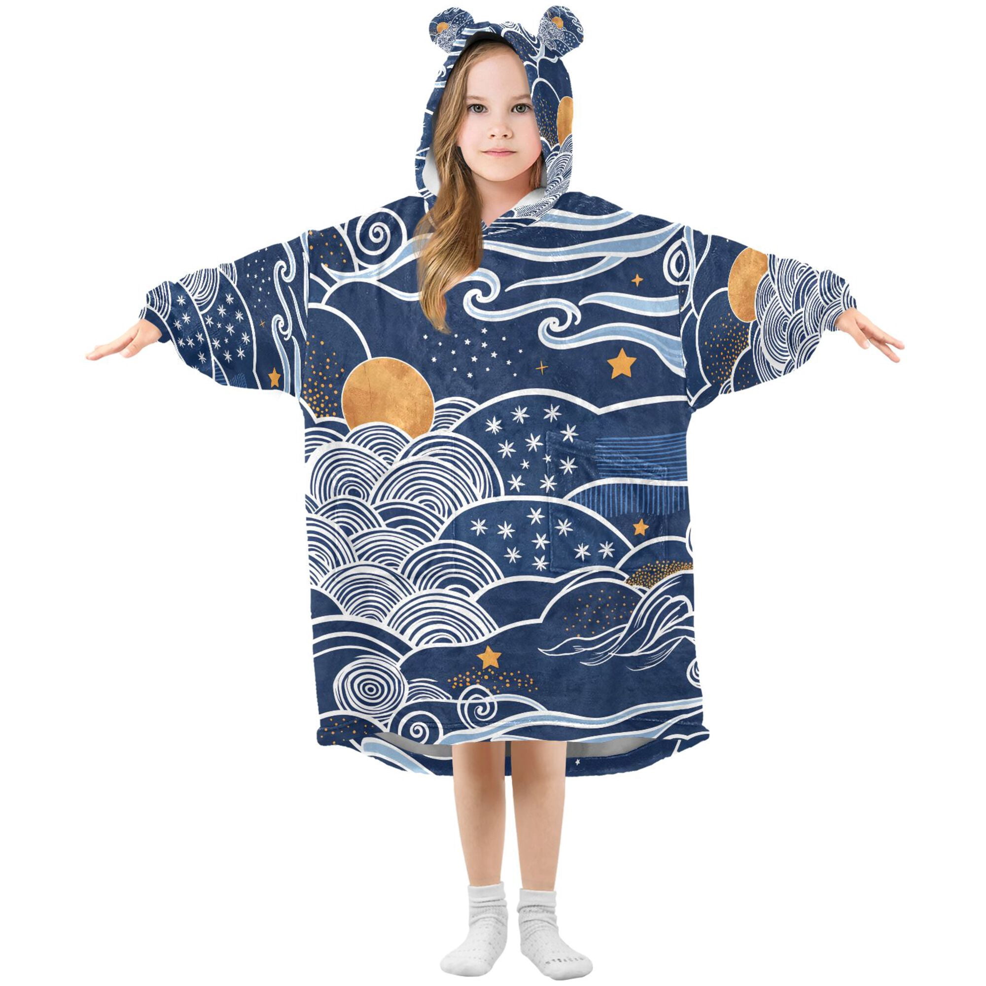 FORMRS Wearable Blanket Hoodie with Sleeves for Kids Cozy Flannel Sweatshirt, Blue Night Sky