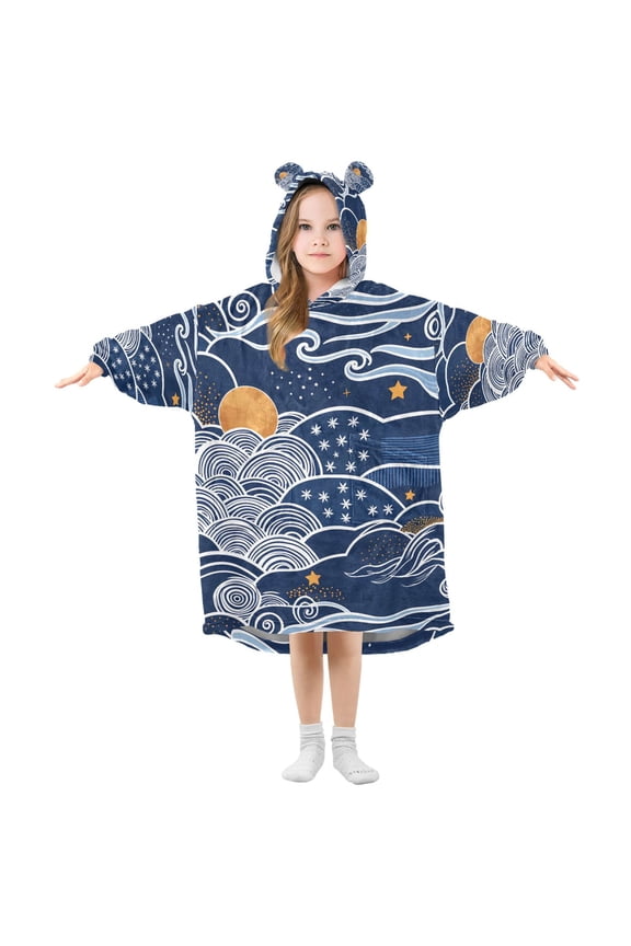 Wearable Blanket Hoodie with Sleeves for Kids Cozy Flannel Sweatshirt, Blue Night Sky