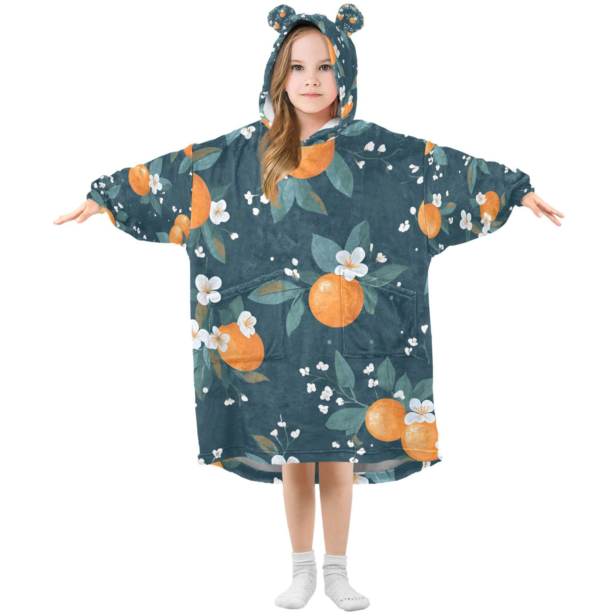 FORMRS Wearable Blanket Hoodie with Sleeves for Kids Cozy Flannel Sweatshirt, Blue Oranges