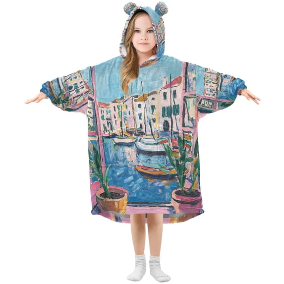 FORMRS Wearable Blanket Hoodie with Sleeves for Kids Cozy Flannel Sweatshirt, Blue Plants Window