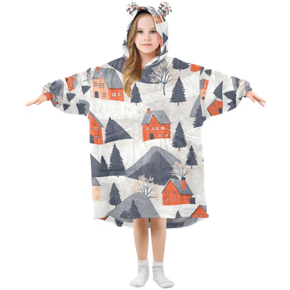 FORMRS Wearable Blanket Hoodie with Sleeves for Kids Cozy Flannel Sweatshirt, Blue Snow Houses