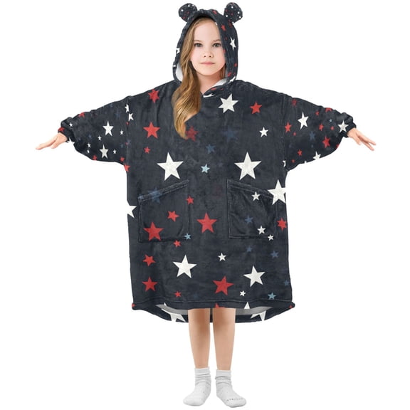 FORMRS Wearable Blanket Hoodie with Sleeves for Kids Cozy Flannel Sweatshirt, Blue Stars Pattern