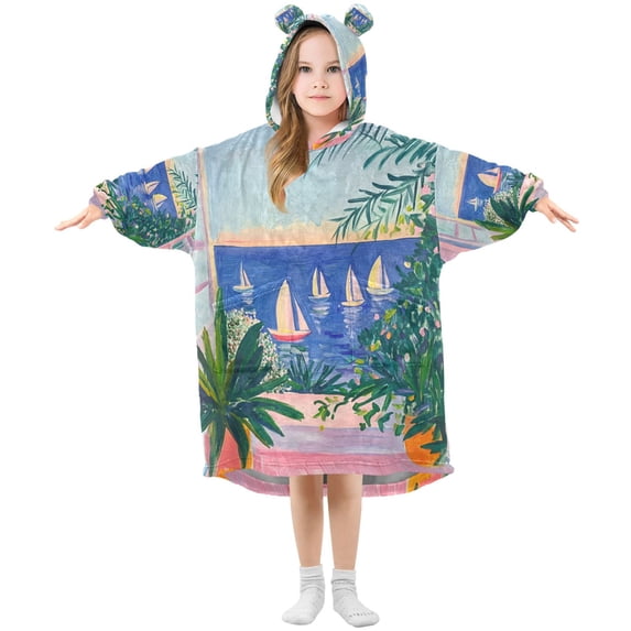 FORMRS Wearable Blanket Hoodie with Sleeves for Kids Cozy Flannel Sweatshirt, Boat Seaside