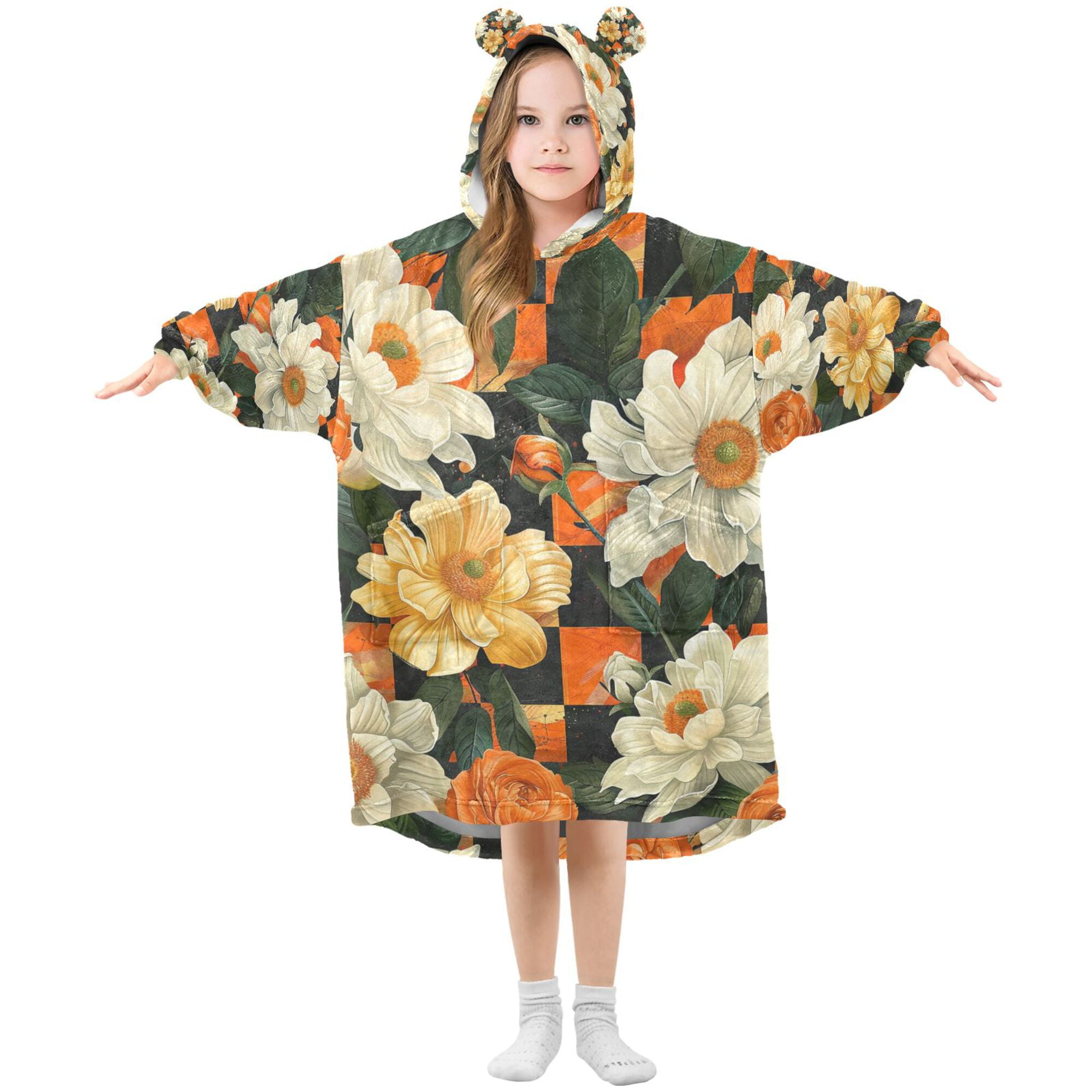 FORMRS Wearable Blanket Hoodie with Sleeves for Kids Cozy Flannel Sweatshirt, Bright Floral