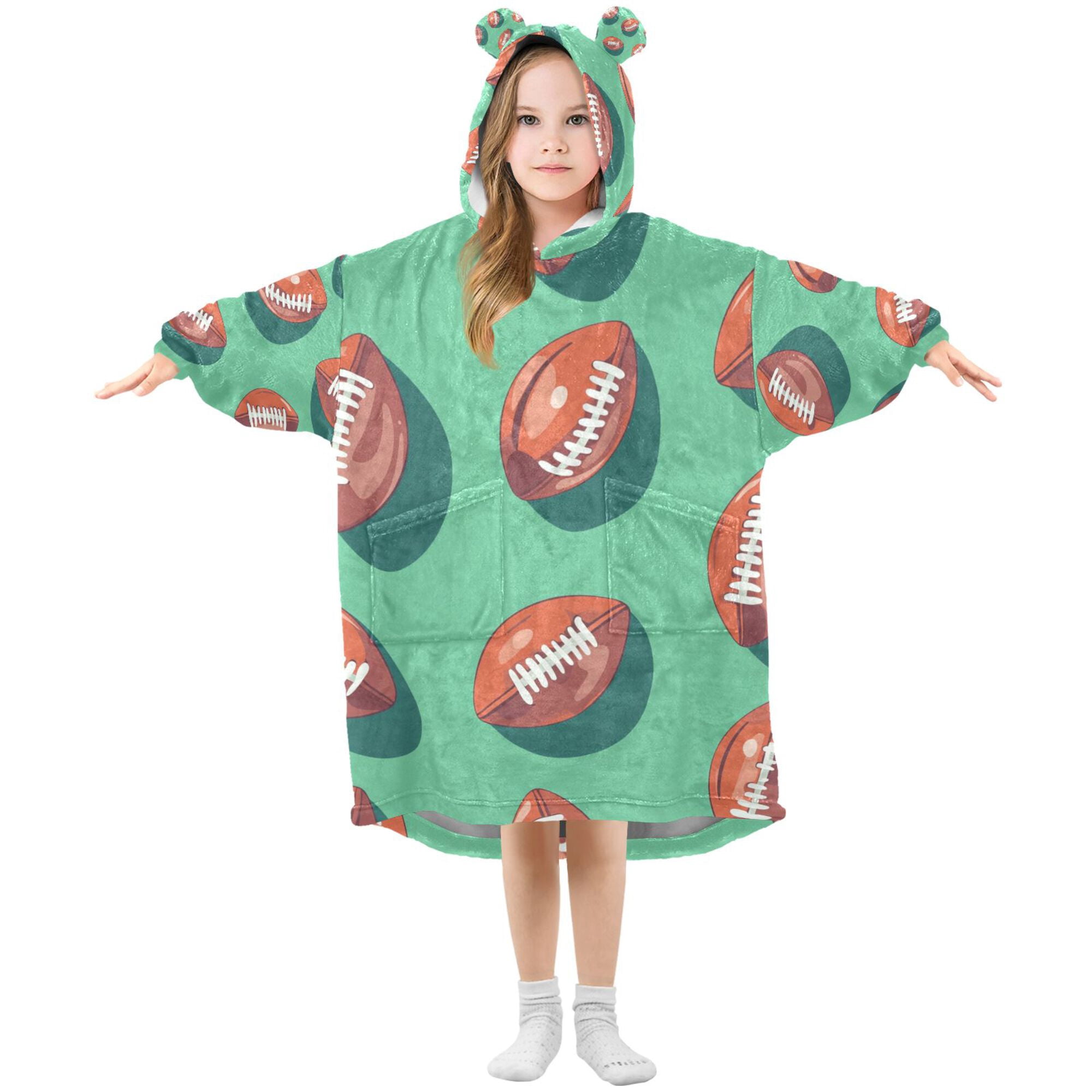 FORMRS Wearable Blanket Hoodie with Sleeves for Kids Cozy Flannel Sweatshirt, Brown American Footballs